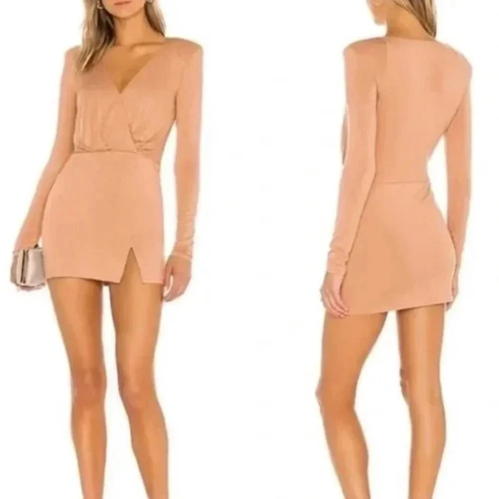 NBD Katia Mini Dress Long Sleeve Camel Jersey Stretch Low Cut Size Small Women's